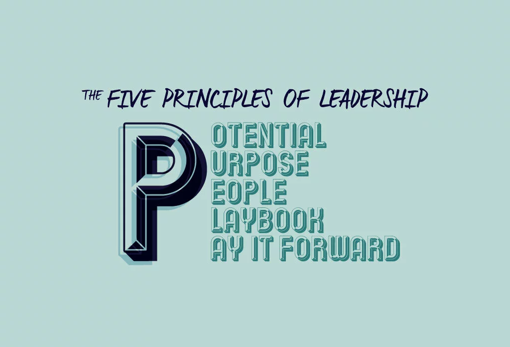 Teal background with text that reads: The Five Principals of Leadership: Potential, Purpose, People, Playbook, Pay it Forward