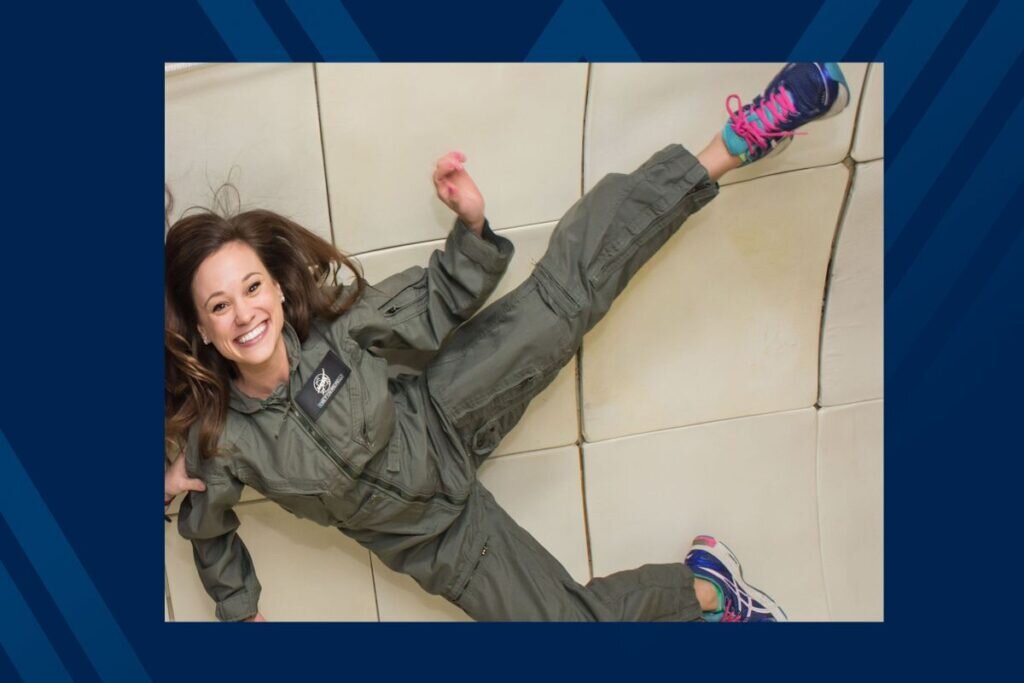 West Virginia alumna Emily Calandrelli smiling in 0 g aboard Blue Origin's New Shepard vehicle, NS-28. Photo courtesy of WVU.